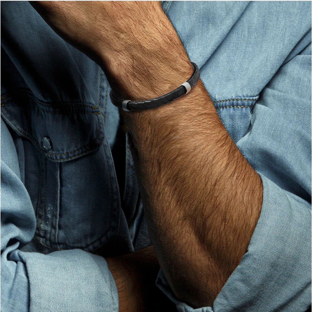 LINK UP Black Braided Leather Bracelet Stainless Steel Magnetic Adjustable $125